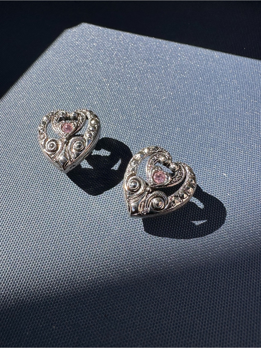 Vintage Silver Tone Heart Stud Earrings Pink Crystal Ornate Scrollwork